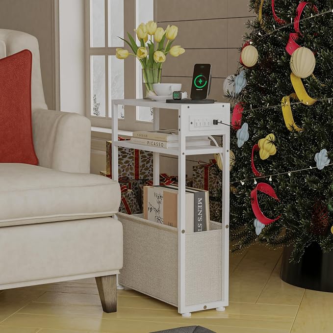 Leomonio White Side Table with Charging Station, Slim End Tables with Linen Basket, Skinny Table for Small Spaces, Thin Bedside Table for Living Room, Bedroom