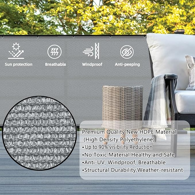 SUNLAX 3'x10' Grey Balcony Privacy Screen Fence Windscreen Cover Fabric Shade Netting Mesh Cloth with Grommets UV Protection for Patio, Backyard, Porch, Railing Shield 90% (We Make Custom Sizes)