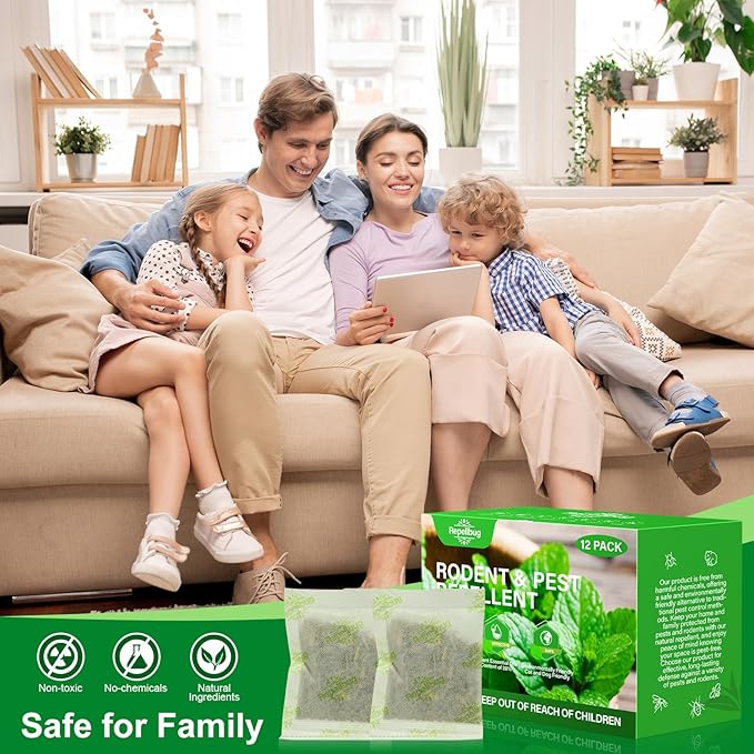 Pest Control Pouches, 12 Pack Peppermint Oil for Mice Rodent Rats Squirrel Pests Repellent Indoor Outdoor Use, Rodent Rat Mouse Deterrent Family Pet Safe Ideal for House Garage Warehouse Hotel