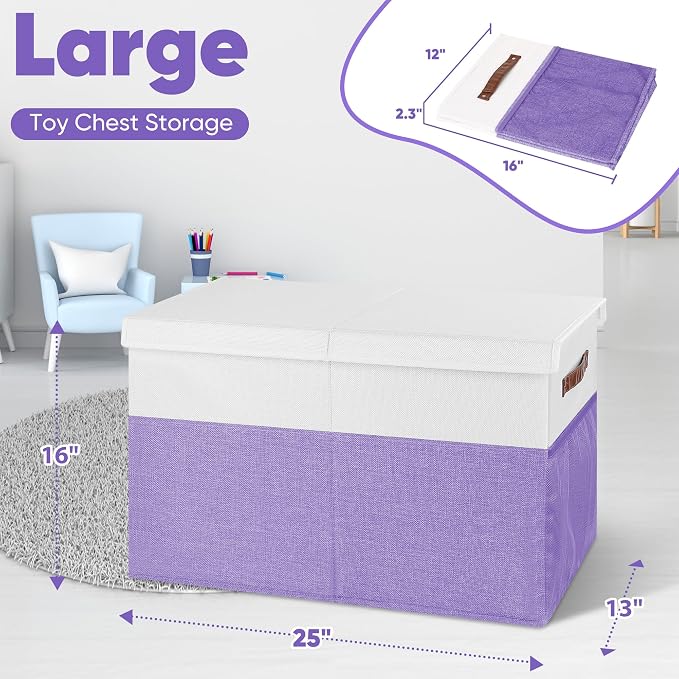 Large Toy Box, Collapsible Toy Storage Chest Bin With Lids, 25"x13"x16" | Sturdy Kids Storage Organizer for Boys Girls, 2 Pockets and Dividers, Playroom Bedroom Nursery Organization, White & Purple