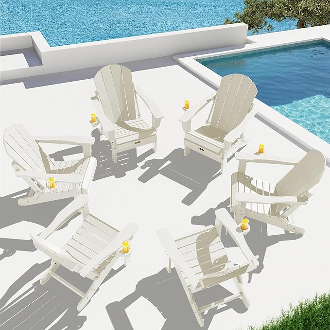 SERWALL Folding Adirondack Chair Set of 2, All Weather Patio Chair with with Cup Holder, Wood Texture, Fire Pit Chairs for Outdoor - White