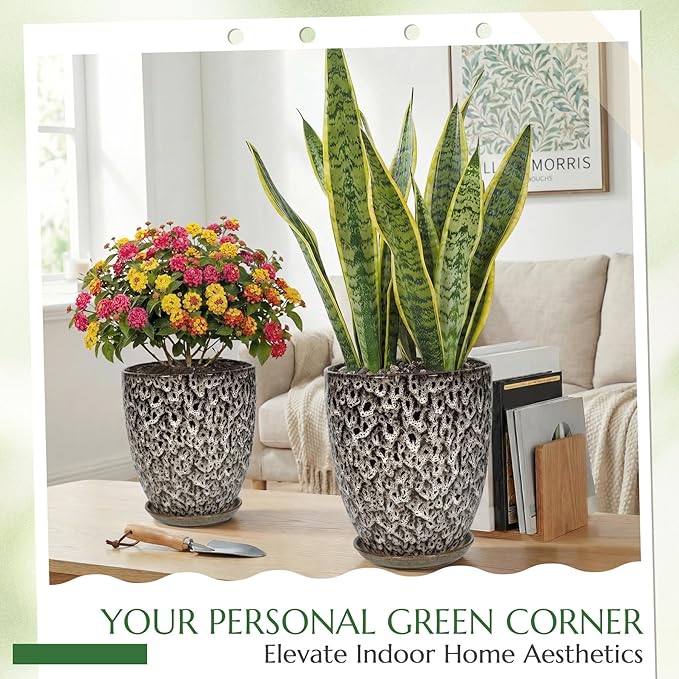 11.8 Inch Flower pots for Indoor Plants,Ceramic Planter with Saucer Drainage Leak-Proof Mesh Gardening Gloves (Spotted White)