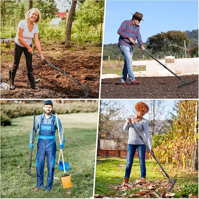 63'' Bow Rake Heavy Duty Garden Rake with Stainless Steel Handle, Tines Metal Head Rake Tool for Loosening Soil Gathering Leaf Leveling Lawn Farming Land Management Yarn Thatch Rake