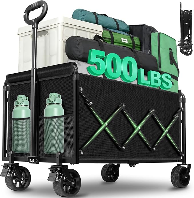 Folding Wagon Cart with All-Terrain Wheels – Heavy Duty Collapsible Utility Wagon for Grocery, Sports, Garden, Camping, Shopping (Black 500LBS)