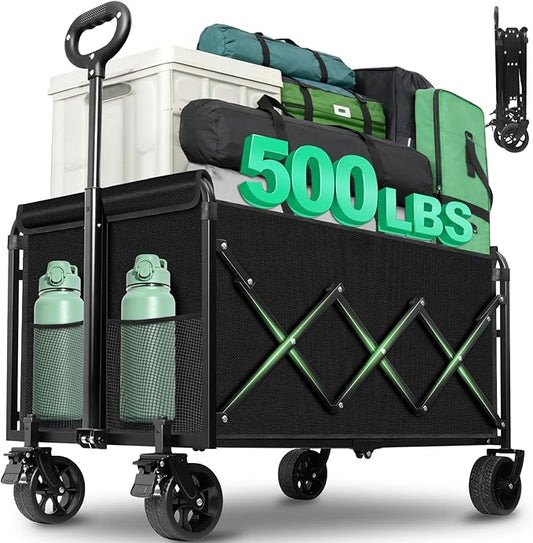 Folding Wagon Cart with All-Terrain Wheels – Heavy Duty Collapsible Utility Wagon for Grocery, Sports, Garden, Camping, Shopping (Black 500LBS)