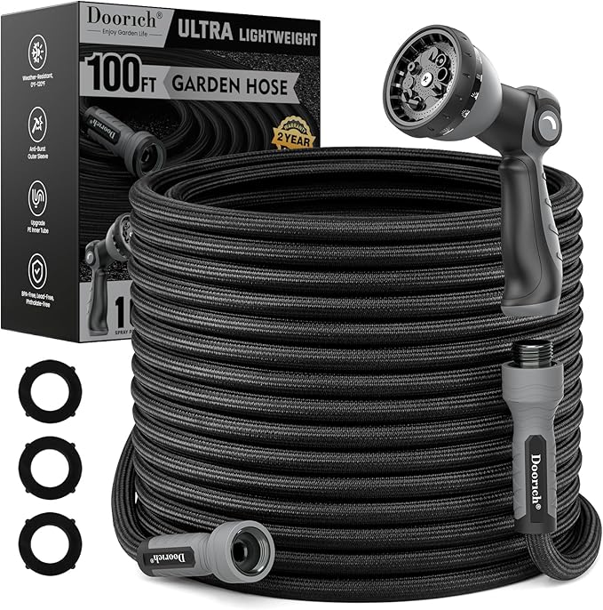 Garden Hose, Flexible Ultra Lightweight Durable, Kink-Free Water Hose with 10 Function Sprayer - Non-Shrinking, Easy to Store, All-Weather, High-Pressure, Black (100 FT)