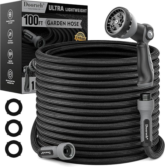 Garden Hose, Flexible Ultra Lightweight Durable, Kink-Free Water Hose with 10 Function Sprayer - Non-Shrinking, Easy to Store, All-Weather, High-Pressure, Black (100 FT)