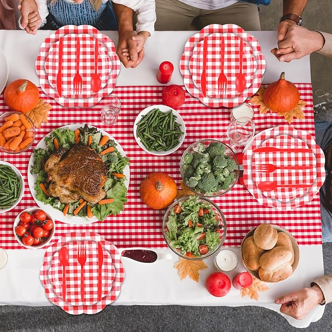 Funnymoom 400 Pcs Gingham Party Supplies for 50 Guests Red and White Paper Plates and Napkins Knives Spoon Fork Cup Disposable Checkered Dinner Party Set Cutlery for Baby Shower Wedding Favor
