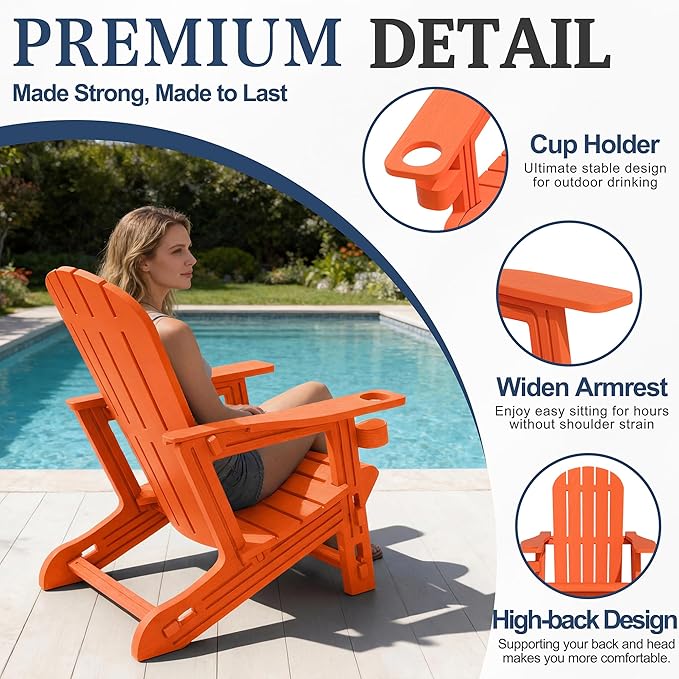 Vongrasig Adirondack Chairs Set of 2 with Removable Tabletop, Outdoor HDPE Plastic Fire Pit Chair Set with Wooden Textured, Cup Holder for Patio, Poolside, Deck, Garden, Orange, 3 Pieces