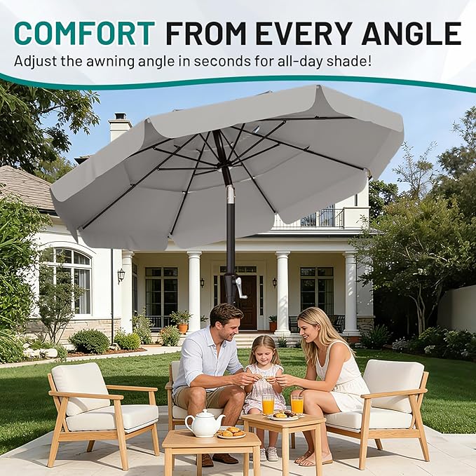 AreShark 9FT 3-Tiers Patio Umbrella with Valance, Outdoor Umbrellas with Crank/Tilt, Table Market Umbrella Vented w/ 8 Sturdy Ribs for Garden, Deck, Backyard, and Pool, Foggy Gray