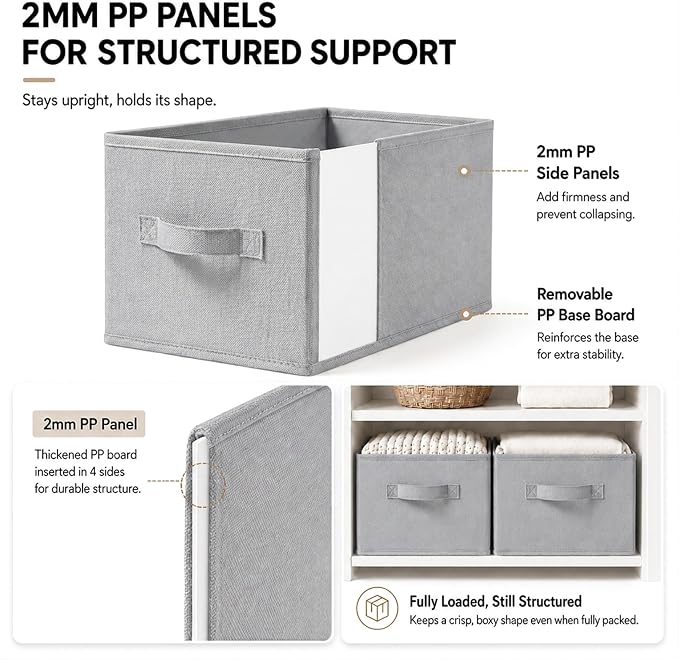 LayerSpace 3 Pack Fabric Storage Bins for Shelves | 14.75x10.25x8.25 in Storage Baskets | Fabric Closet Organizers with Handles Home Organization | Linen Clothes Storage Bins | Light Gray | Thickened Rigid PP Panels, Cotton-linen Shelf Baskets, Measure...