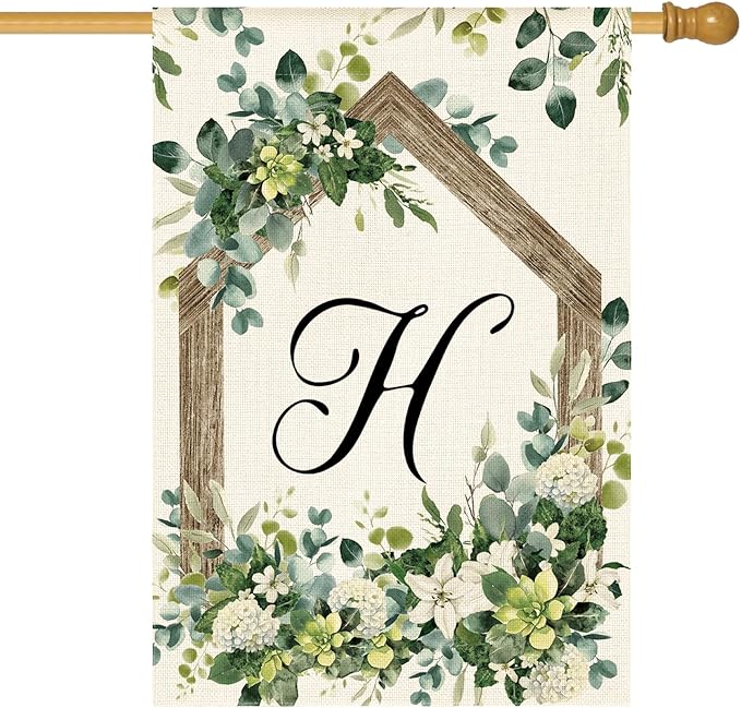 AVOIN colorlife Initial Letter H Monogram House Flag 28x40 Inch Double Sided Outside, Spring Floral Family Last Name Yard Decoration