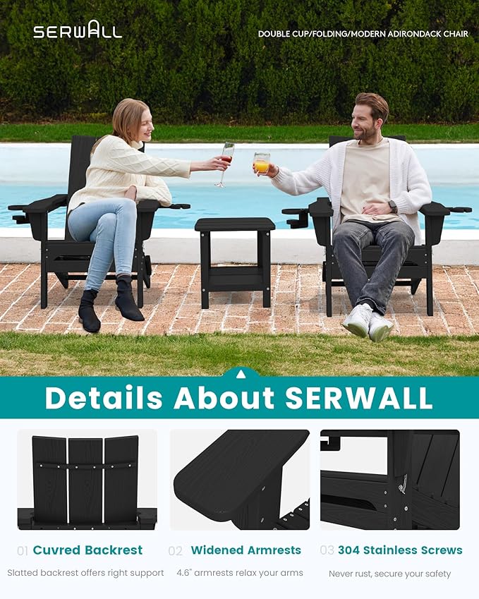 SERWALL Adirondack Chair Set of 6 with Dual Cup Holders, Folding Modern Adirondack Chairs, HDPE Outdoor Adirondack Chair for Patio, Black