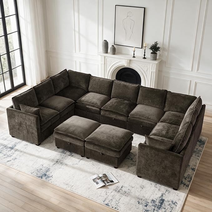 130" Oversized U-Shape Storage Sofa Modular Couch with 2 Ottomans,Brown