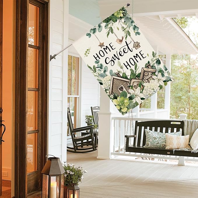 AVOIN colorlife Home Sweet Home Birdhouse Spring Floral House Flag 28x40 Inch Double Sided Outside, Eucalyptus Flowers Seasonal Yard Outdoor Flag