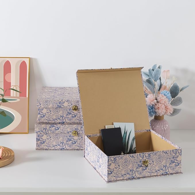 Soul & Lane - Blue Floral Storage Boxes with Gold Hardware, Set of 3 | Keepsake Trunk Style Storage Boxes with Lids for Home Decor and Organizing, Cute White Vintage Wedding Memory Chests