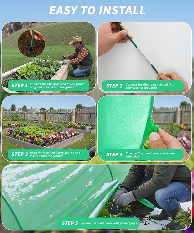 10ft x 30ft Plant Frost Protection Cover, 1.3 oz/yd² Reusable Freeze Blanket with 36 Hoops & 12 Stakes, Garden Greenhouse Tunnel for Winter Snow, Frost & Pest Protection on Outdoor Raised Beds