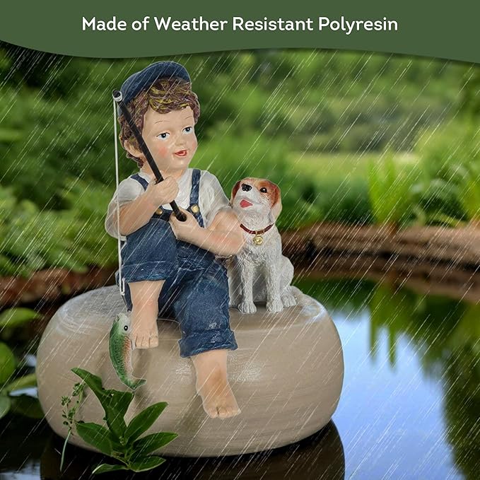 Lily's Home 11-Inch Fishing Boy and Dog Statue - Resin Garden Decor for Outside - Outdoor and Garden Decorations - Cottage Style Garden Statues Yard Art