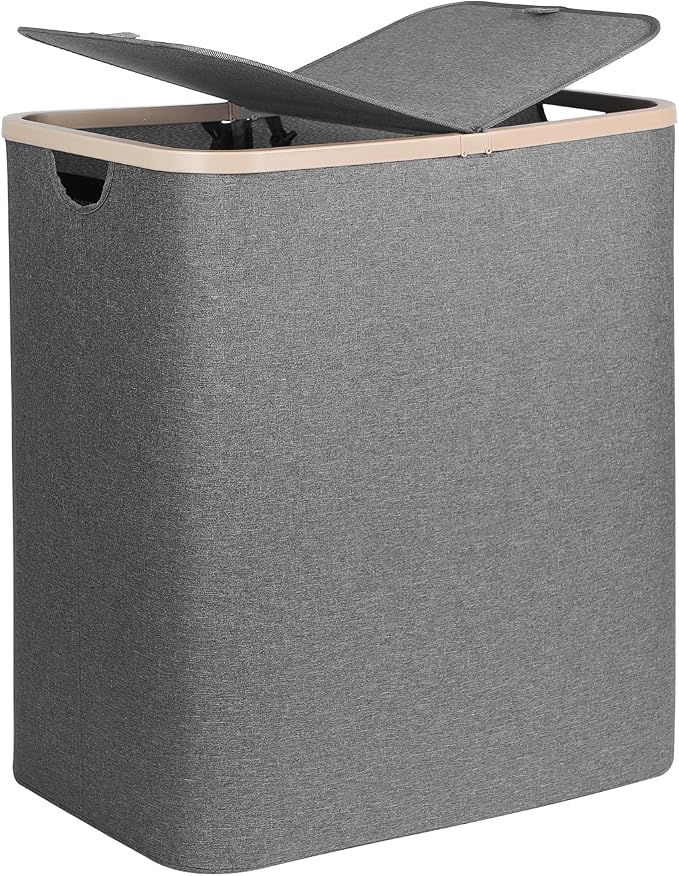 DOKEHOM 160L Double Laundry Basket Hamper with Lid & Removable Bags, Grey | Extra large 2-section collapsible clothes hamper, foldable laundry sorter bin with mesh inserts. Ideal for family use