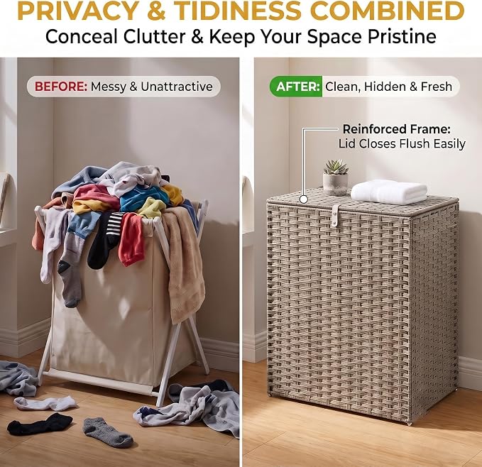 NEWBULIG 110L Extra Large Divided Laundry Hamper with Lid, 2 Section Collapsible Dirty Clothes Basket, Dual Removable Liner Bags for Bedroom, Bathroom, Closet and Dorm Room Organization Grey
