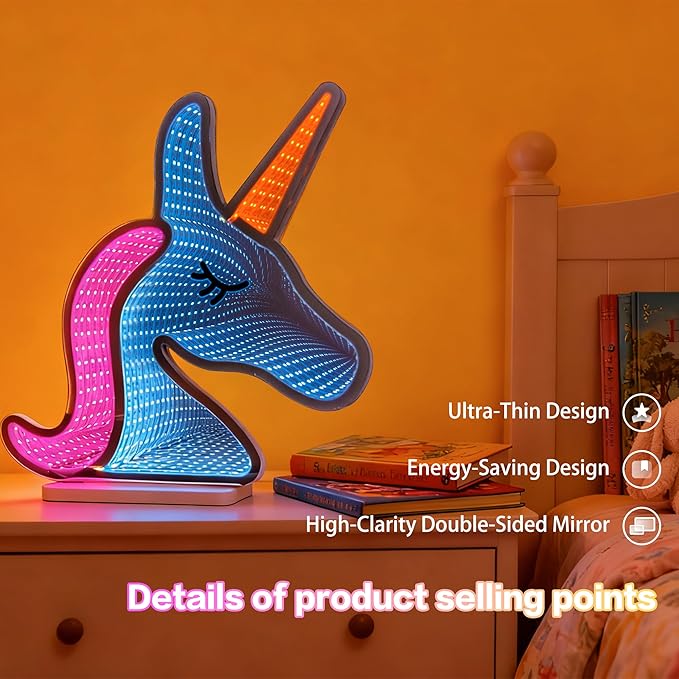 3D Unicorn Infinity Mirror Light, LED Infinity Mirror Night Light with Magical Endless Effect, USB Powered 3D LED Lights for Girls Bedroom & Kids Playroom, Gift for Kids Teens, 12"x11.9"