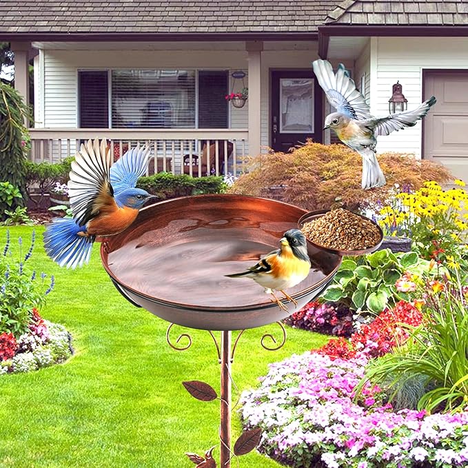 3" Deep 40" Tall Metal Bird Bath for Outdoors, 13" Dia 2-in-1 Removable Bird Baths Feeder Water Bowl, Vintage Standing Birdbaths with Stable Stake for Garden Yard Lawn Decor 1.5 Gallon