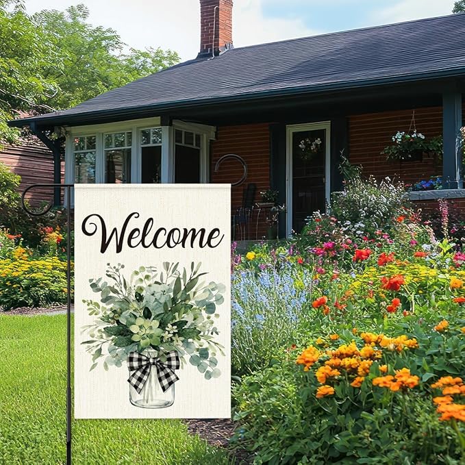 Welcome Flags for Outside,Spring Eucalyptus Mason Jar Garden Flag for Yard Patio Lawn Decoration,12x18 Inch Double Sided