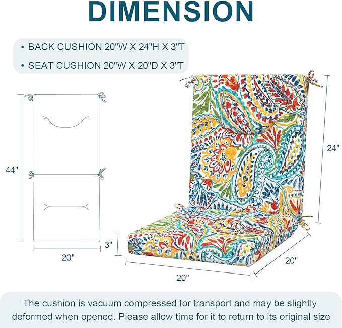 DYTXIII Outdoor High Back Chair Cushions Set of 2, 44x20 in Water Repellent Patio Seat Cushions with Elastic Sponge, All Weather Cushions for Rocking, Dining Chairs, Patio Furniture - Paisley Multi