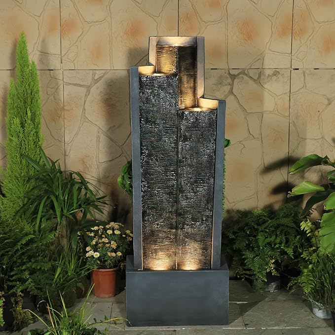 Sunlinua 49.6H Modern Outdoor Water Fountain with LED Light Garden Cascading Waterfall Feature for Indoor or Outdoor Cascading Waterfall for Relaxing Garden Patio Backyard Porch or Home Décor