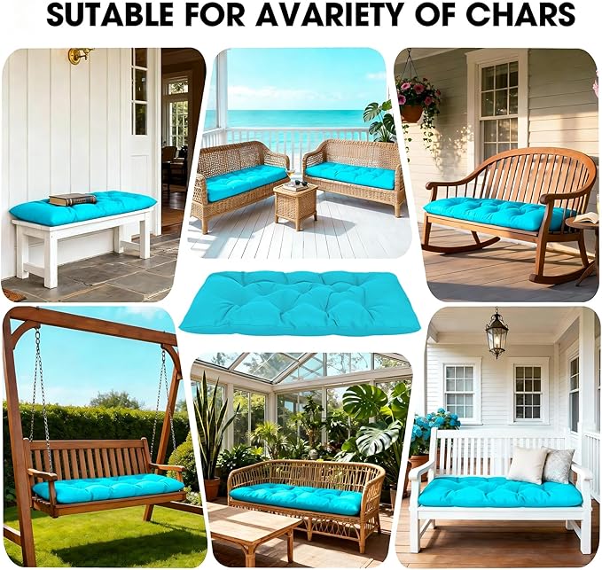 Yddsky Waterproof Indoor/Outdoor Garden Bench Seat Cushions,Thicken Patio Bench Soft Rocking Chairs Pad Lounger Seat for Wicker Loveseat Settee（59 X 19.6 in，Turquoise