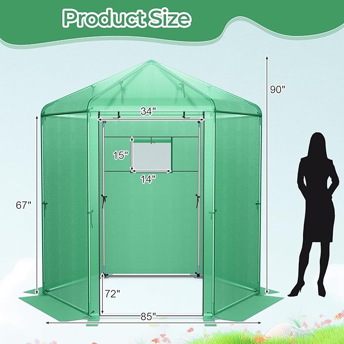 HAPPYGRILL 7 x 6 x 7.5 FT Walk-in Greenhouse, Large Outdoor Heavy Duty Greenhouse with PE Cover, Mesh Window & Roll-Up Door, Portable Greenhouses for Plant Gardening