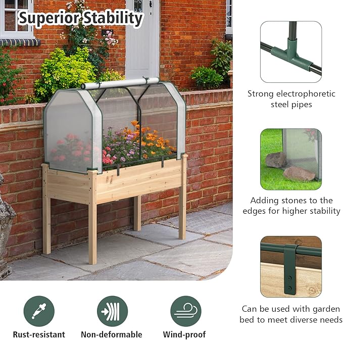 Giantex Raised Garden Bed with Mini Greenhouse, w/Dual Zipper Door, 47.5”x21.5”x24” Planter with Green House for Patio Lawn Garden, Easy Assembly (Natural & White)