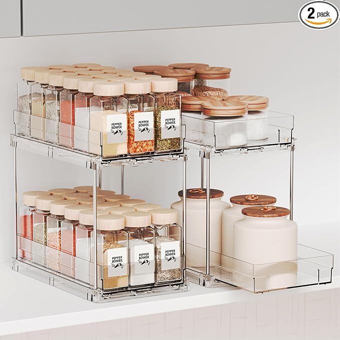 Yieach 2 Pack 2 Tier Vertical Spice Rack Pull Out,10.4'' Deep Narrow Slide Out Spice Rack Organizer for Inside Cabinets,Kitchen,Pantry,Cupboard Seasoning,Can,Jar Organizer and Medicine Cabinet Storage