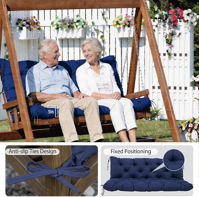 Durable Extra 5" Thick Waterproof Outdoor Swing Cushions 60inch Porch Swing Cushions 3 Seater Replacement Fade-Resistant with Backrest and 8 Ties for Outdoor Patio Long Bench Furniture
