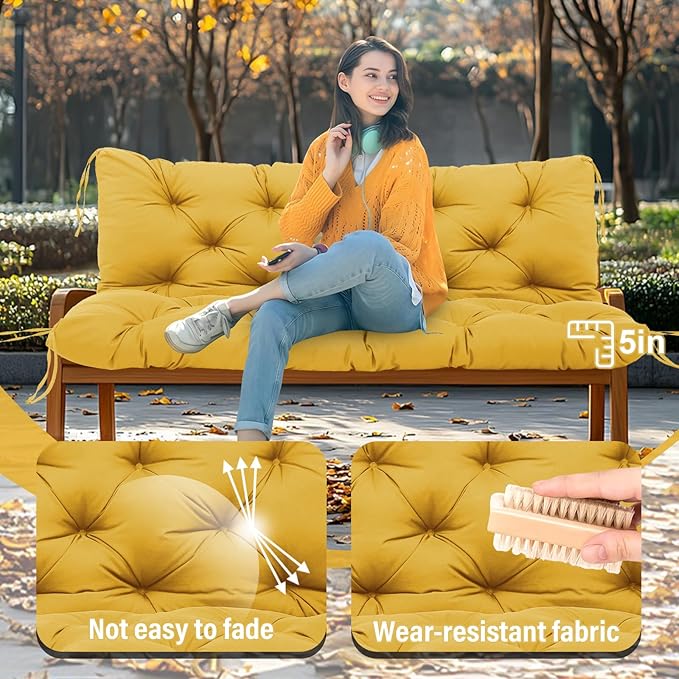 Premium 5"Thick Waterproof Outdoor Swing Cushions Sturdy Durable 2-3 Seat Replacement Porch Swing Cushions with Backrest&Ties Bench Cushion for Outdoor Furniture Backyard Patio(Yellow60x40in)