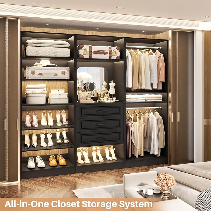 Unikito 75" Modular Closet System with 3 Sets, Mirror & Drawers, Black