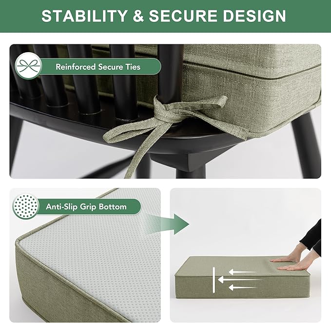 Summsun Water Resistant Outdoor Chair Cushions, Faux Linen Backrest and Deep Seat Cushion Set with Ties, Removable Cover, Non-Slip Bottom for Patio Furniture, 24 x 24 Inch, Mocca Green, Set of 4