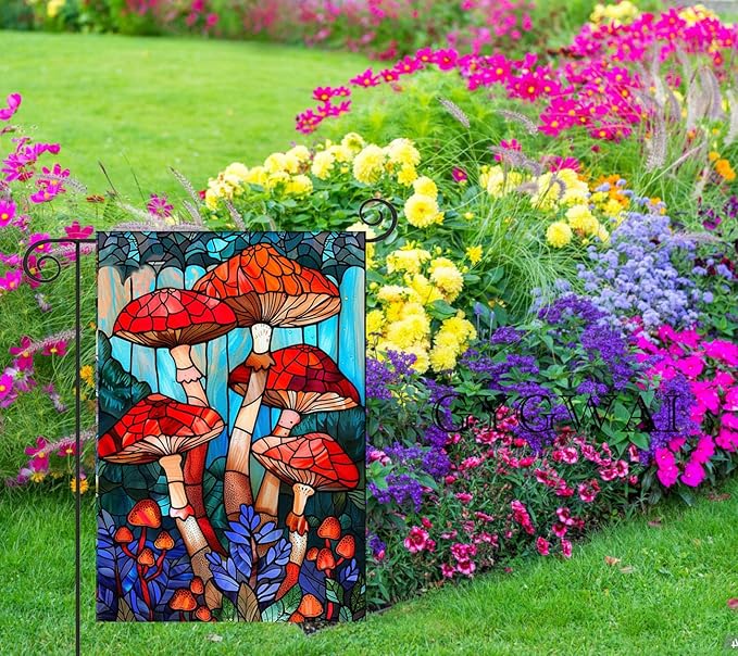 Stained Glass Mushroom Spring Garden Flag 12x18 Inch Double Sided, Small Burlap Yard Flag for Seasonal Farmhouse Outside Outdoor Decor