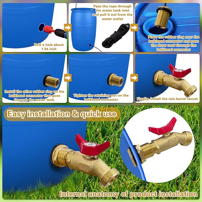Rain Barrel Spigot Kit 3/4" GHT Brass Garden Hose Valve+Brass Garden Hose Bulkhead Fitting for Rain Barrels Aquariums Water Tanks Tubs Pools Spigot
