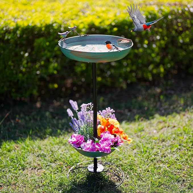 dreamysoul Metal Bird Baths for Outdoors, Pedestal Green Bird Bath with Flower Planter, BirdBaths for Outdoors Garden Yard Patio Decor