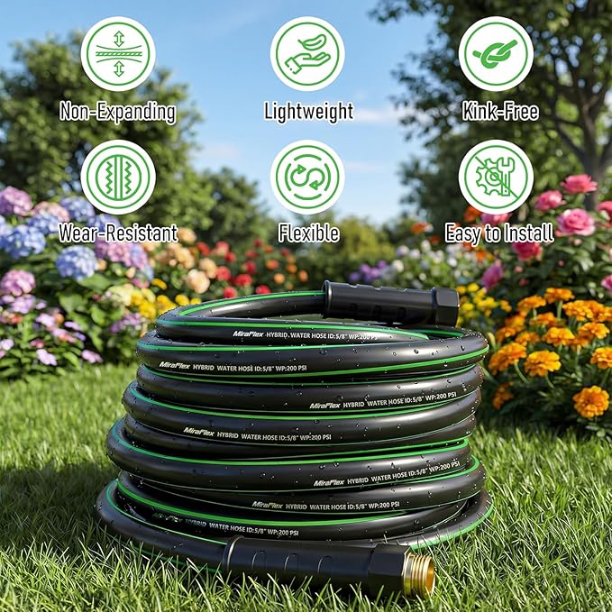 Non-Expandable Garden Hose 10ft, Lightweight Flexible Hose, Kink Resistant, Solid Fittings, 5/8 Inch, 600 PSI, Ideal for Balcony, Patio, Pet Bathing