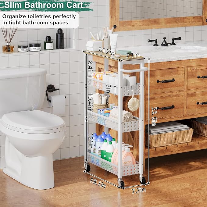 Laundry Room Slim Rolling Cart with Wheels for Between Washer and Dryer Gap | Utility Narrow Laundry Room Organization and Storage Shelves, White Skinny Shelf with Table Top,Detergent Organizer Cabinet