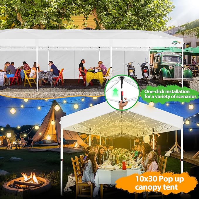 COBIZI Canopy Tent 10x30 Pop up Canopy with 3 Sidewalls Outdoor Party Tent Waterproof 2000mm+&UPF50+,Carpas para Fiestas 10x30 Pop up Gazebo Wedding Canopy with 4 Ropes&4 Sandbags,White