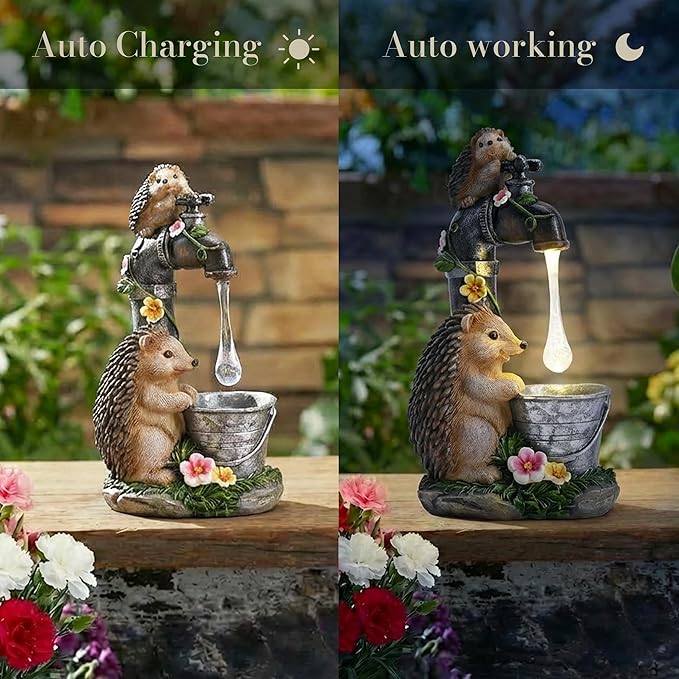 TERESA'S COLLECTIONS Garden Decor, Set of 2 Cute Hedgehogs and Faucet Garden Decor, Waterproof Resin Garden Statue, Hedgehogs Gift, Garden Gift for Women Mom, Indoor/Outdoor