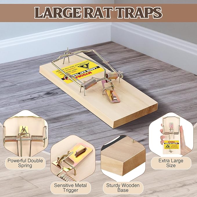 12 Pack Large Wooden Mouse Traps, Heavy Duty Rat Snap Traps with Metal Pedal, Sturdy Reusable Mousetraps for Fast Capture of Large Rats & Rodents, Safe for Indoor & Outdoor Use