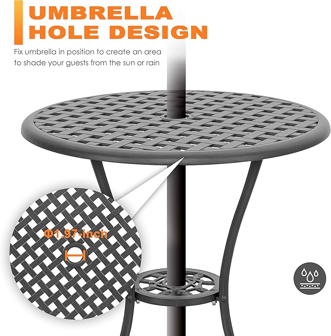 NUU GARDEN Bistro Set 3 Piece Outdoor All Weather Cast Aluminum Patio Bistro Set Patio Table and Chairs Set of 2 with Umbrella Hole and Grey Cushions for Backyard, Balcony, Lawn, Black