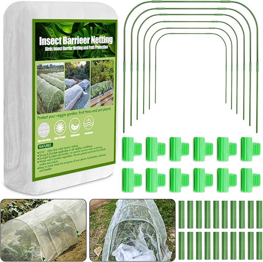 Cludoo 67pcs Garden Mesh Netting Kit,6 Sets Wide Garden Hoops with 10x20 ft Garden Covers Bird Netting& 12 Clips, Garden Protection for Raised Beds Greenhouse Vegetable Plants Flowers Animals