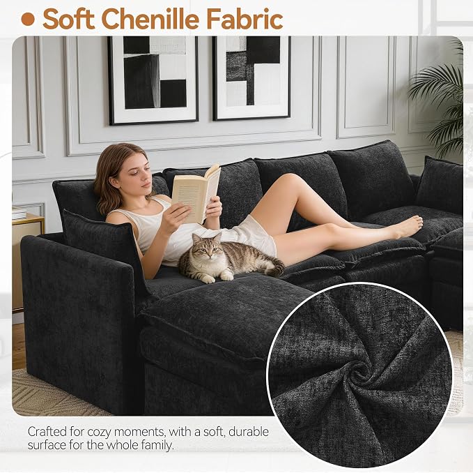 30" Modular Storage Single Sofa, Deep Seat Cloud Accent Chair, Oversized Storage Cloud Chair, Modern Chenille Reading Chair for Living Room, Apartment, Bedroom, Small Space, Black