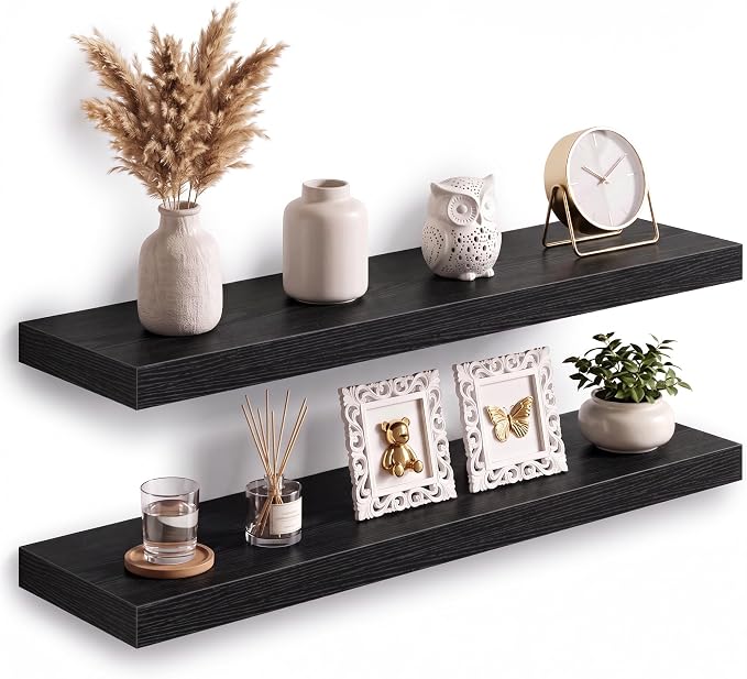 Acovy 30x8in Floating Shelves 2 Pack, Wall Mount Display Shelf, Black | Invisible Brackets, 30lb Sturdy MDF, 30in Long, Easy Install, For Bedroom, Bathroom, Living Room, Kitchen & Office