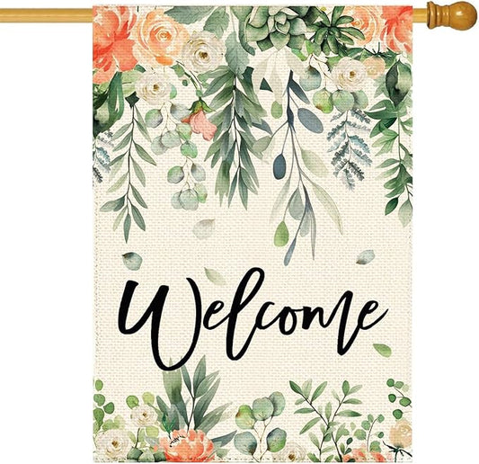 Summer Spring Eucalyptus Flowers Garden Flag 28 x 40 Inch Double Sided, Floral Farmhouse Burlap Large Yard House Flag Seasonal Holiday Outdoor Outside Decoration